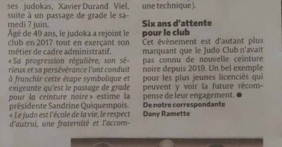 Article du Courrier Picard concernant la remise de sa ceinture à Xavier !